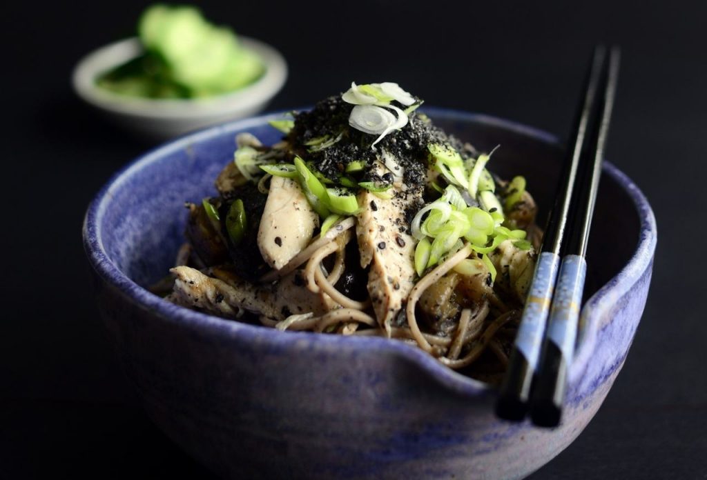 Soba Noodles with Chicken, Eggplant & Black Sesame Gomashio